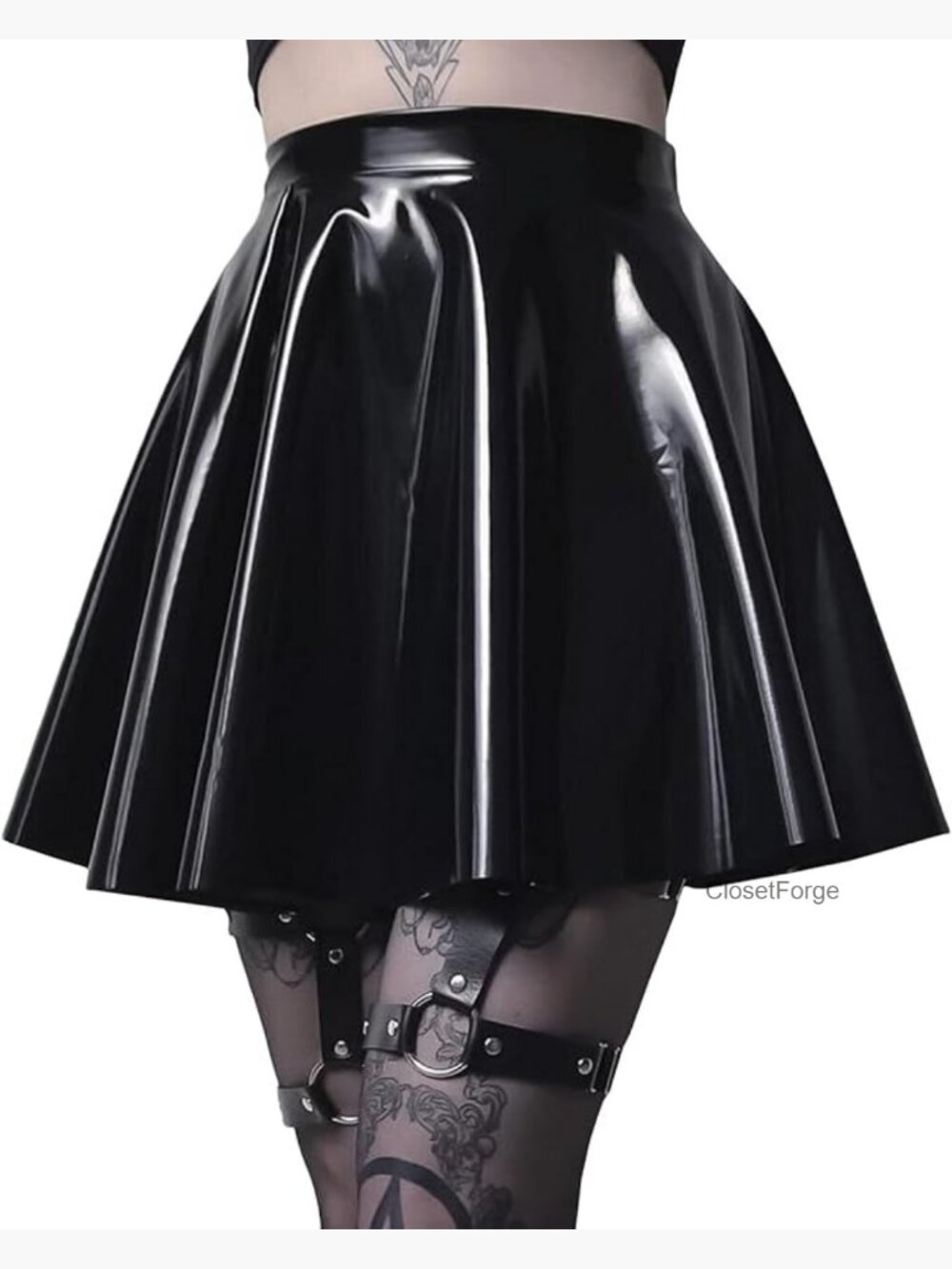 High Waist Pleated Mini Skater Skirt PVC PU Leather Latex Wet Look